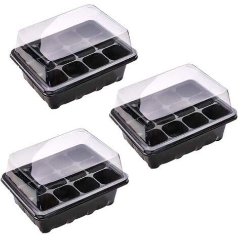 Lot de 3 Bac à semis, Plateau de démarrage de semis Plateaux de pépinière de cellules, Mini Serre pour semis avec 12 Cellules, Plateau de Germination des Plantes avec Couvercle (1/5)