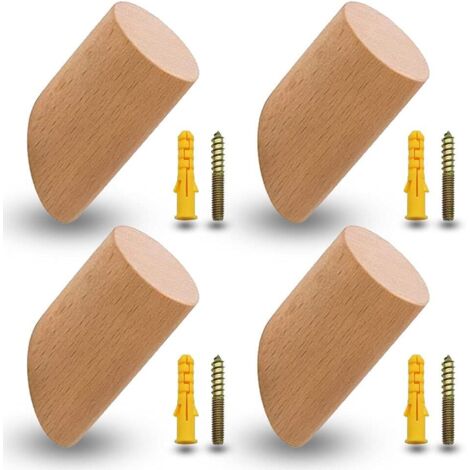Lot de 4 patères en hêtre, patères en bois, crochets, crochets muraux avec 4 vis et tubes d'expansion pour bureau, cuisine, maison, vêtements (6 cm) (1/5)