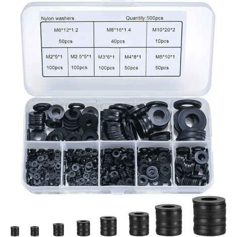 500 Pièces Rondelles Plates Nylon Noir, Rondelles Plates Isolation Rond Joint Spacer Joint Plomberie Assortiment Kit- M2/M2.5/M3/M4/M5/M6/M8/M10 (1/5)
