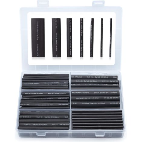 180 Pièces Kit de Gaine Thermorétractable Etanche Noire - 3:1 Tube Thermoretractable à double paroi - Revêtement adhésif - Gaine Thermo (1/5)