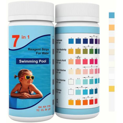 7 en 1 Bandelette Piscine, 100 Test Piscine Bandelettes Testeur Piscine et Spa, Languette Piscine Test Eau Piscine Test ph,Chlore Le Brome, la Dureté Totale, l’Acide Cyanurique and More (1/4)
