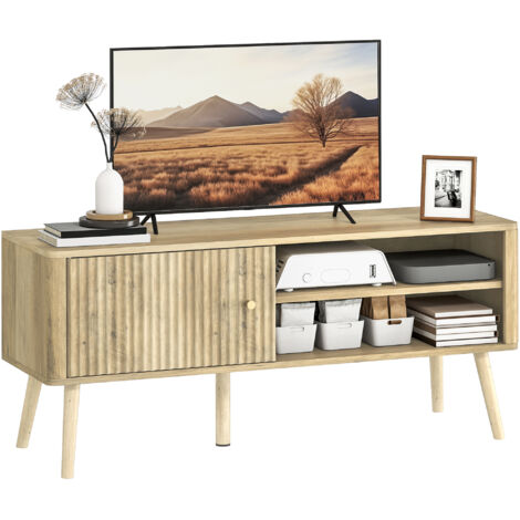 Meuble TV, meuble télé avec placard à porte, compartiments ouverts et étagère réglable, 115x35x49cm, chêne (1/5)