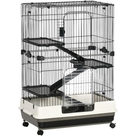 PawHut Cage pour petits animaux roulante 3 plates-formes démontables 3 rampes plateau inférieur amovible métal PP 81,2 x 52,7 x 114 cm noir-Noir (1/5)