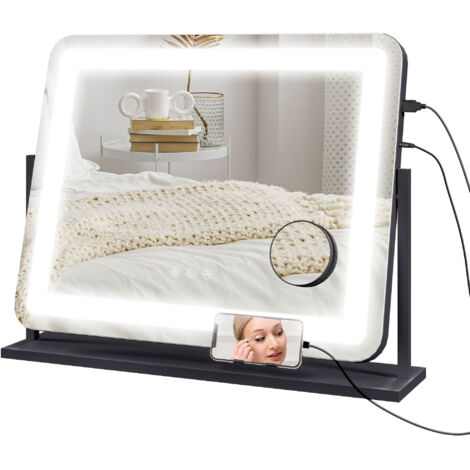 Miroir Lumineux LED intensité 3 modes d'éclairage, grossissement 10X, port de charge USB, touche tactile 62,5 x 52 cm-Noir