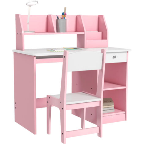 Bureau enfant avec chaise ergonomique avec clavier coulissant tiroir niches et étagères ouvertes 90 x 45 x 90 cm rose-Rose (1/5)