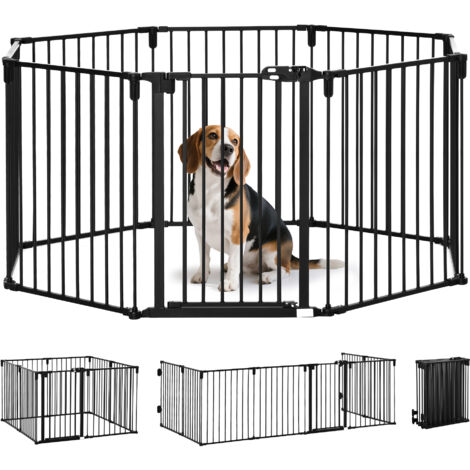 PawHut Barrière de sécurité barrière de protection cheminée parc enclos chien pliable modulable 8 panneaux avec porte sans perçage 482,5 x 76 cm noir-Noir