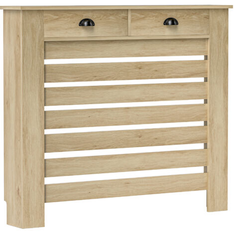 Couvercle de radiateur cache radiateur grille à lattes horizontales avec 2 tiroirs en bois 111l x 19P x 95,5H cm chêne-Chêne