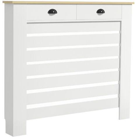 Couvercle de radiateur cache radiateur grille à lattes horizontales avec 2 tiroirs en bois 111l x 19P x 95,5H cm blanc-Blanc