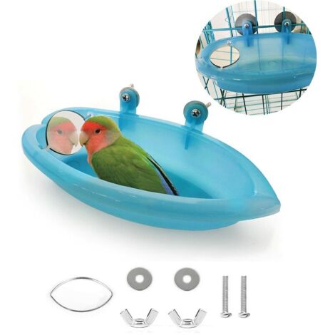 Oiseau Bain Bird Bath Douche Nettoyage Baignoire Bol Bassin avec Miroir Suspendu D'oiseau Animaux Petits Oiseaux Jouet Perroquet Accessoires Perruche Cockatiel Eau Alimentation Plateau (Bleu) (1/5)