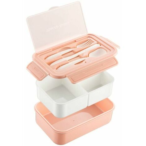 Boîte à lunch détachable 3 compartiments de qualité alimentaire PP5 Boîte à bento Stockage des aliments avec ustensiles Sans BPA Rose (1/5)