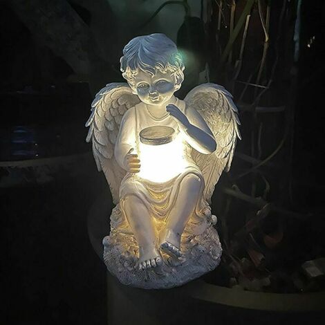 Ange Fée Statuette Avec La Lumière Solaire,Jardin Résine Ange Figurines Ornament Décoration D'ange Pour Pelouse Cimetière Cadeaux Commémoratifs,Ange Gardien Jardin Statuette-Garçon 14.5x15.5x20cm