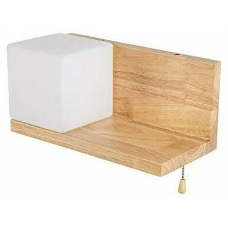 Lampe de chevet créative en bois massif avec étagère murale moderne pour décoration d'art maison chambre salon couloir lumière E27 base avec abat-jour en verre avec blanc chaud (1/4)
