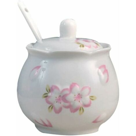 Sucrier en céramique avec couvercle et cuillère Récipient à épices en porcelaine Récipient à épices Récipient à sel (1/5)