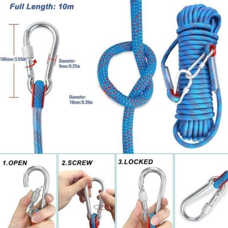 Fervalyna Corde Escalade 10 M – 8 Mm, 200 Kg, Avec 2 Mousquetons – Bleue, Pour Tente, Traction Et Loisirs
