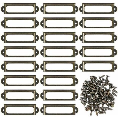 SABIR Lot de 50 porte-étiquettes en métal pour meuble, tiroir, carte, cadre de plaque signalétique pour étagère de bureau, étagère de bibliothèque (60 x 24 mm) (1/5)