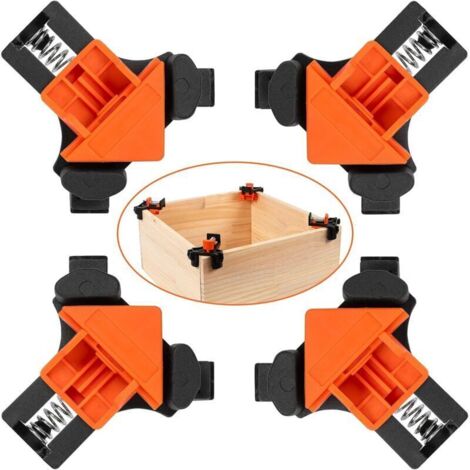 Lot de 4 pinces d'angle à 90 degrés, clip d'angle pour le travail du bois, fixateur de clip à angle droit, outil de serrage avec outils manuels réglables (orange + noir) (1/4)