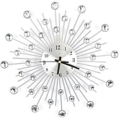 Horloge murale moderne en cristal 3D, 30 cm en métal argenté avec miroir étincelant et strass - Décoration murale ronde - Aiguille numérique en métal - Pour pendaison de crémaillère, salon (1/4)