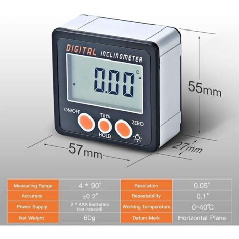 Inclinomètre numérique 0–360 ° - Rapporteur électronique - Coque en alliage d'aluminium - Jauge d'angle numérique - Base magnétique (sans câble) Inclinomètre numérique 0–360 ° - Rapporteur électroniqu (1/4)