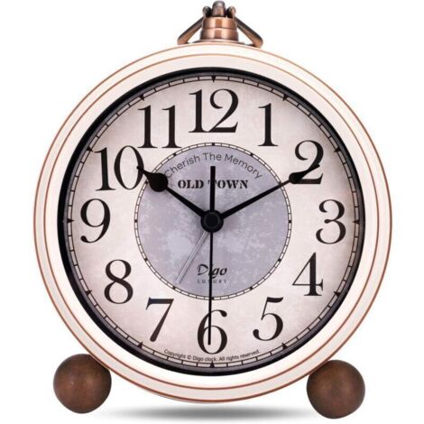 Reveil Vintage sans Tic-tac, Métal Beige Reveil Classique Rétro, Elégant Déco Silencieuse Horloge de Table Chevet Chambre Bureau 13.5cm (1/4)
