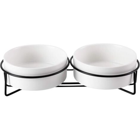 (28.5×14.5×7cm)Blanc+Blanc Gamelle Chat Surélevée, Gamelle Eau Chat en Céramique avec Support Métal, Double Gamelle Anti Renversement, 2x400ml (1/4)