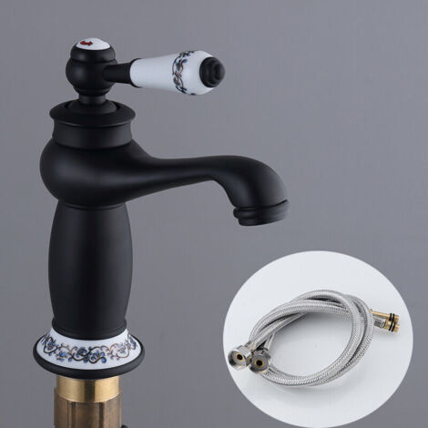 Noir Robinet Rétro de Lavabo Évier en Laiton Céramique Robinet Antique Vintage Mitigeur Robinet d'Eau Froide/Chaude Remplacement Décoration pour Cuisine Salle de Bain (1/4)