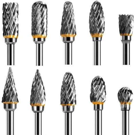 Jeu de Fraises Rotatives Acier Carbure de Tungstène Double Tranchant pour Outil rotatif, 10 pièces Tige 1/8” pour Outil Rotatif pour Bricolage, Sculpture sur bois, Polissage métaux, Gravure, Perçage (1/5)