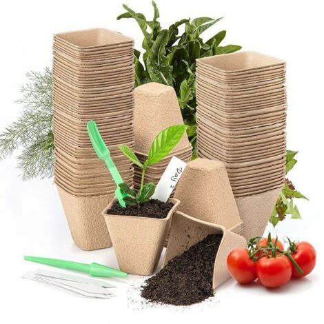 100 Pièces Pots de Semis Biodégradable Godets de Repiquage 8cm Carré Godet Semis Pot Jardinage avec 100 Étiquettes de Plantes pour Graine Légumes Fleurs Succulentes (1/4)