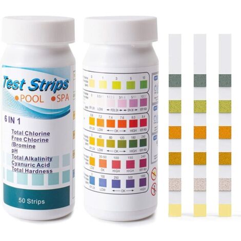SABIR Bandelettes de Test pour Piscine,6 en 1 Bandelette Test Qualité d'eau,Kit de Bandelettes de Test pour PH, Chlore Total, Chlore Libre, Alcali Total, Dureté Totale, Acide Cyanurique (100PCS) (1/5)