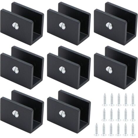 SABIR – Pinces à verre carrées en aluminium noir – Lot de 8 – Pour verre 8-10 mm – Installation facile avec vis – Antidérapant pour sécurité