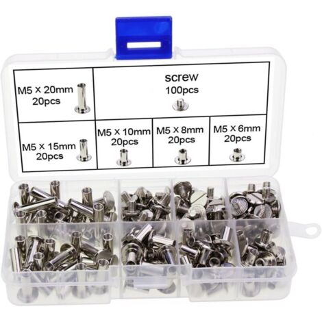 SABIR Lot de 200 vis de reliure et clous rivetés, 6 tailles, en métal, rond (1/5)