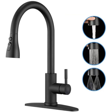 SABIR Robinet Cuisine Noir, Mitigeur Cuisine avec Douchette Extractible 3 Modes de Réglage, Robinetterie Evier Escamotable Haut Bec Pivotant à 360° en Acier Inoxydable 304 (1/5)