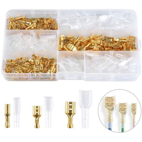SABIR 150 Pcs Cosses à Sertir en Laiton 2.8/4.8/6.3mm Cosse Electrique à Sertir avec Isolation Manches Connecteur Cosse Femelle Anti-oxydation Anti-fissuration pour Automobile Bateau Moto Voiture (1/5)