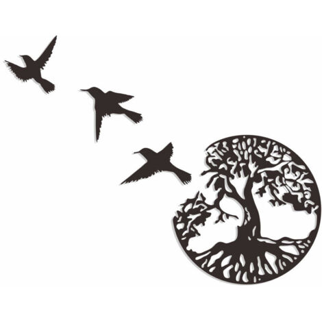 SABIR Décoration murale en métal arbre de vie avec oiseaux, noir - 28 cm/11,02 pouces, décoration murale moderne arbre de vie (1/5)