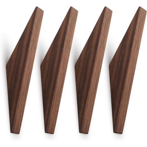 SABIR Lot de 4, patères en bois naturel en bois de noyer noir, support de crochet en bois à paroi simple fixé au mur, porte-serviettes de cintre de chapeau de vêtements maison artisanat fait main vint (1/5)