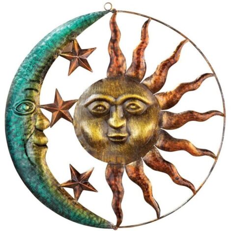 SABIR Grand soleil en métal art mural en métal soleil et lune décoration murale en métal soleil et lune art mural en métal extérieur pour la maison jardin patio porche clôture décoration vert B (28.6C (1/5)