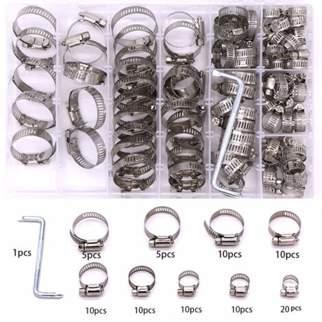 SABIR Collier de serrage américain en acier inoxydable, boîte de 90 pièces, collier de serrage pour tuyau d'eau, jeu de cartes de gorge avec tournevis (1/5)