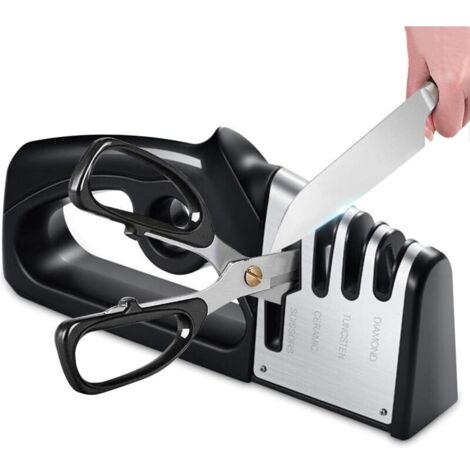 SABIR Aiguiseur de couteaux et ciseaux de cuisine 4 en 1, aiguiseur de couteaux professionnel, aiguiseur de couteaux avec gomme antidérapante pour couteaux en acier inoxydable et en céramique (1/5)