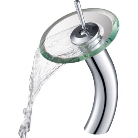 SABIR Robinet de salle de bain cascade pour lavabo vasque avec disque en verre transparent, finition chromée (1/5)