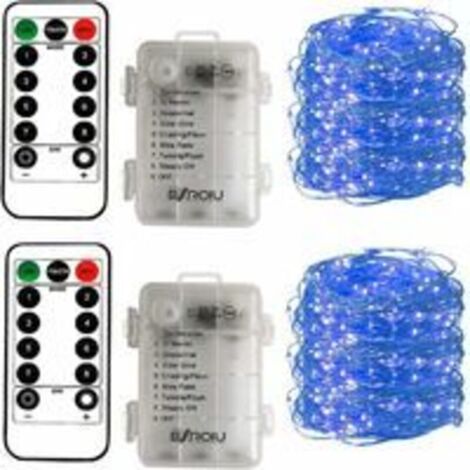 SABIR 2 guirlandes lumineuses fonctionnant avec des piles de 50 leds par micro câble argenté de 5 m 3Aa étanche avec piles avec télécommande de 8 programmes (bleu) (1/5)