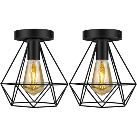 SABIR Lot de 2 Plafonnier Industrielle forme Cage Diamant 20cm, Lampe de Plafond Vintage E27 Lustre Luminaire en Métal Design Rétro pour Balcon Couloir Salle de Bain Entrée Cuisine, Noir - Noir (1/5)