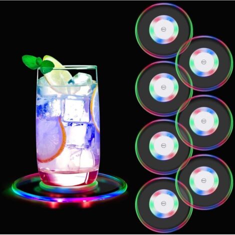 SABIR Lot de 7 Dessous de Verre LED Lumineux Coloré, Lumineux Batterie remplaçable 6 Couleurs, sous Verres Ronds Lumineux pour Bière Cocktail Wine, Mariage,Bar, Fête, Noël, Anniversaire (1/4)