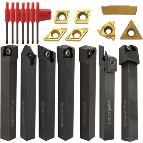 SABIR Lot de 21 outils de tournage en carbure 12mm 7 barres à couteaux et 7 lames Installation rapide avec clés incluses Pour tournage de précision - 21Pcs (1/5)
