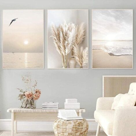 SABIR 40x60cm Ensemble d'affiches de peinture murale moderne, paysage naturel, plage, feuilles de roseau, impression sur toile, décoration mural, sans cadre (1/5)