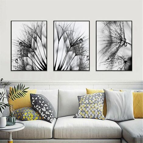 SABIR Lot de 3 images sur toile - Noir et blanc - Fleurs de pissenlit - Décoration pour salon et chambre à coucher - Sans cadre - B, 40 x 60 cm (1/5)