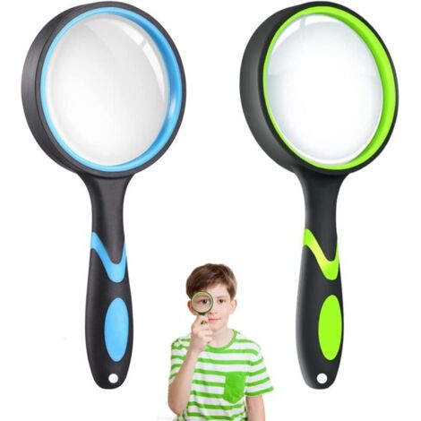 SABIR 2Pcs Loupe Enfant avec Poignée en Caoutchouc Souple,Loupes 75 mm,Loupe de Lecture 10X,Antidérapante Loupe,pour Livres,Cartes Et L'observation des Insectes(1 Bleu Noir,1 Noir Vert) (1/5)