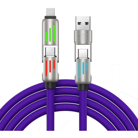 SABIR Câble USB C Chubby 240 W, câble de charge 4 en 1 (2 m) avec lumière, câble de charge USB A/C vers C/L pour iPhone 16, 15, 14 Pro Max/MacBook/iPad Pro/SamSungS24, violet (1/5)