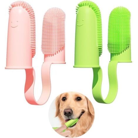 SABIR Brosse à dents pour chien, lot de 2, poils enveloppants à 135°, pour le nettoyage des dents des chiens, brosse à dents pour chiots, chats et petits chiens (rose et vert) (1/4)