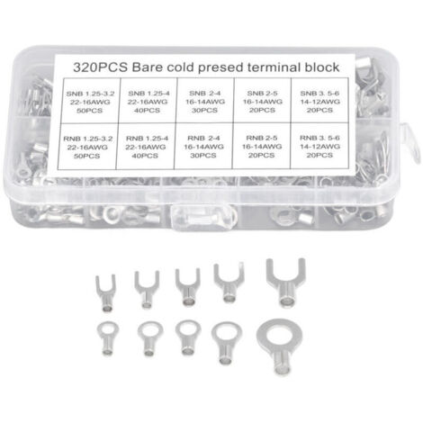 SABIR 320 pièces Kit de connecteurs à fourche à anneau Cosses de fil non isolées Bornes de câble de batterie Fourche à sertir en cuivre électrique ronde,DUBUNS (1/4)
