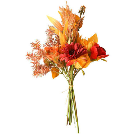 SABIR Bouquet de fleurs artificielles en soie 44 cm – 2 roses, 2 gerberas, 1 hortensia – Décoration mariage, fête, centre de table – Rouge automne
