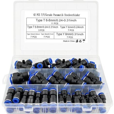 SABIR 42 x Raccord pneumatique T/Y/I Type droit Raccord rapide Air comprimé 6 mm/8 mm Connecteur de compresseur avec boîte (1/5)